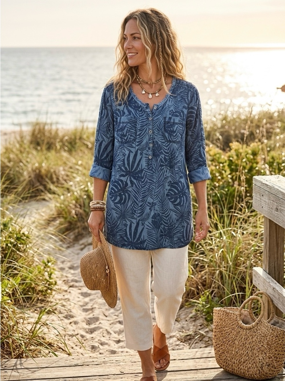 Picadilly Canada Tropical Palm Striped Button Frayed Tunic Blouse Top Size 6